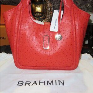 Brahmin Carla Flame Jamison Orange Ostrich Embossed Leather Crossbody Tote NWT